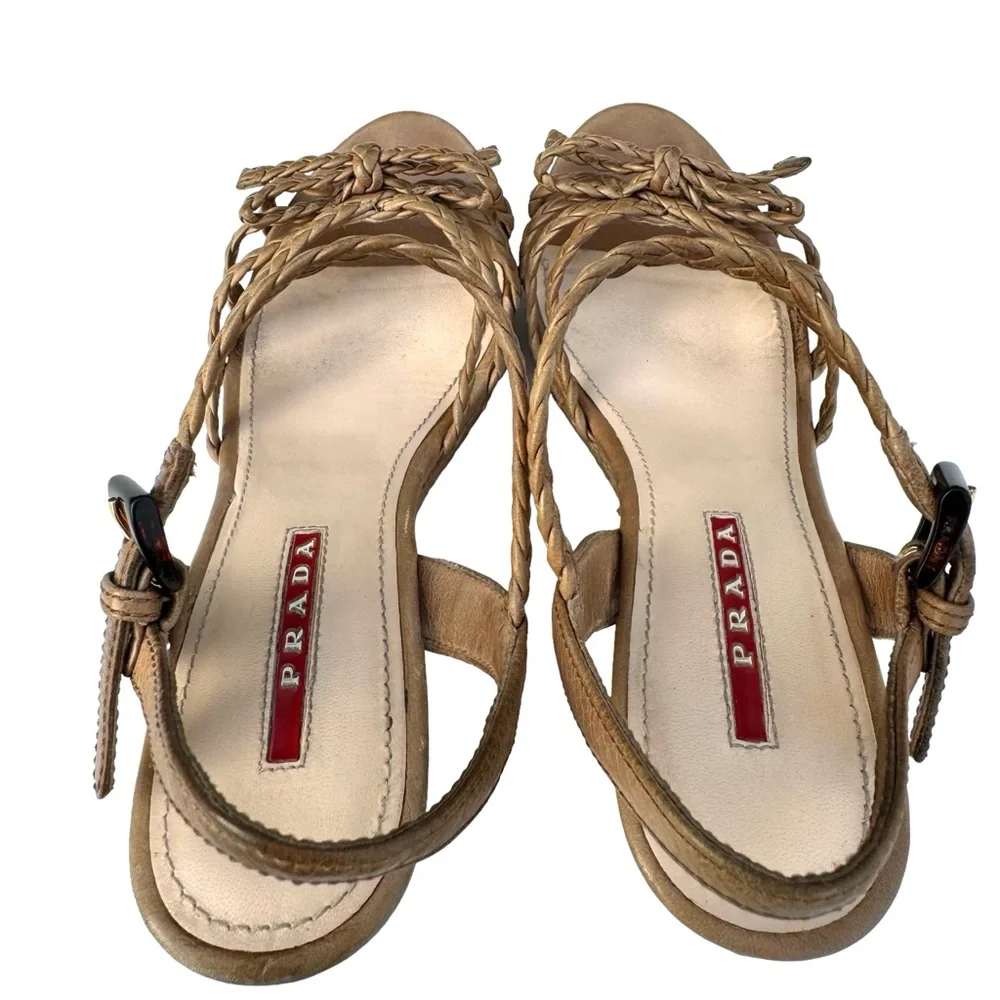 PRADA Strappy Sandals Cork Wedges Tan - Picture 12 of 16